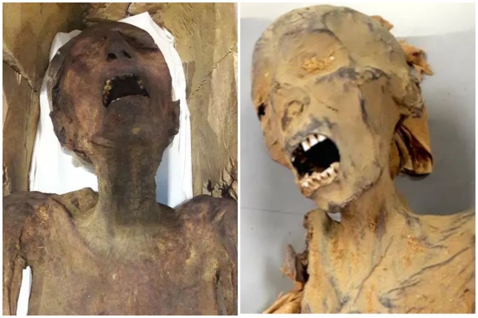 Split image showing the Egyptian mummies of Prince Pentawere and Princess Meritamun