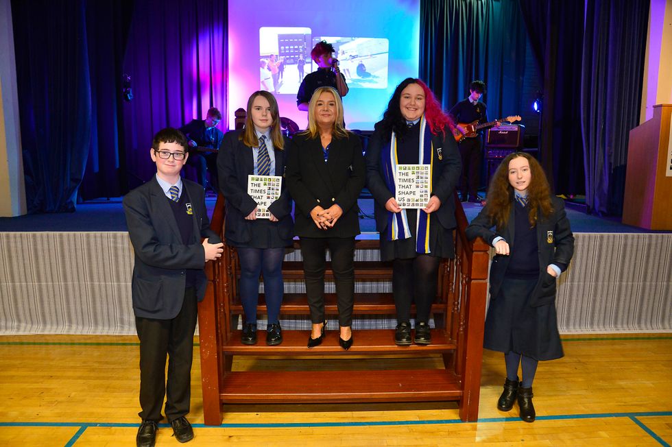 St Colm\u2019s students are pictured with teacher Ursula Mackle at the launch of their Anthology project (Arts Council NI/PA)