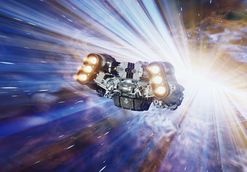 Starfield in action - a ship shoots across the galaxy