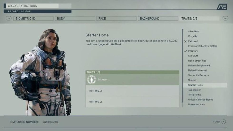 Starfield's trait selector shows a number of early perk selections including introvert and starter home
