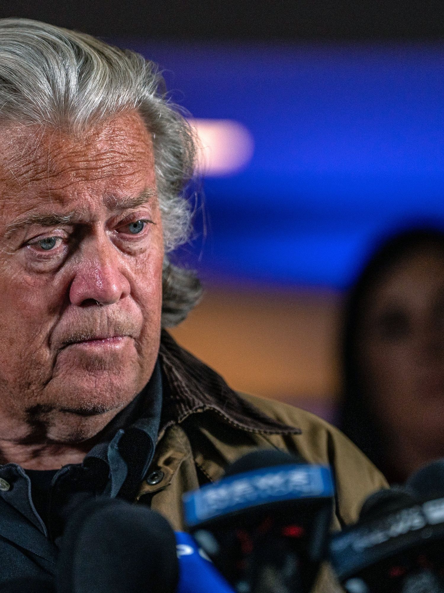 Steve Bannon speaks at a press conference in Manhattan.