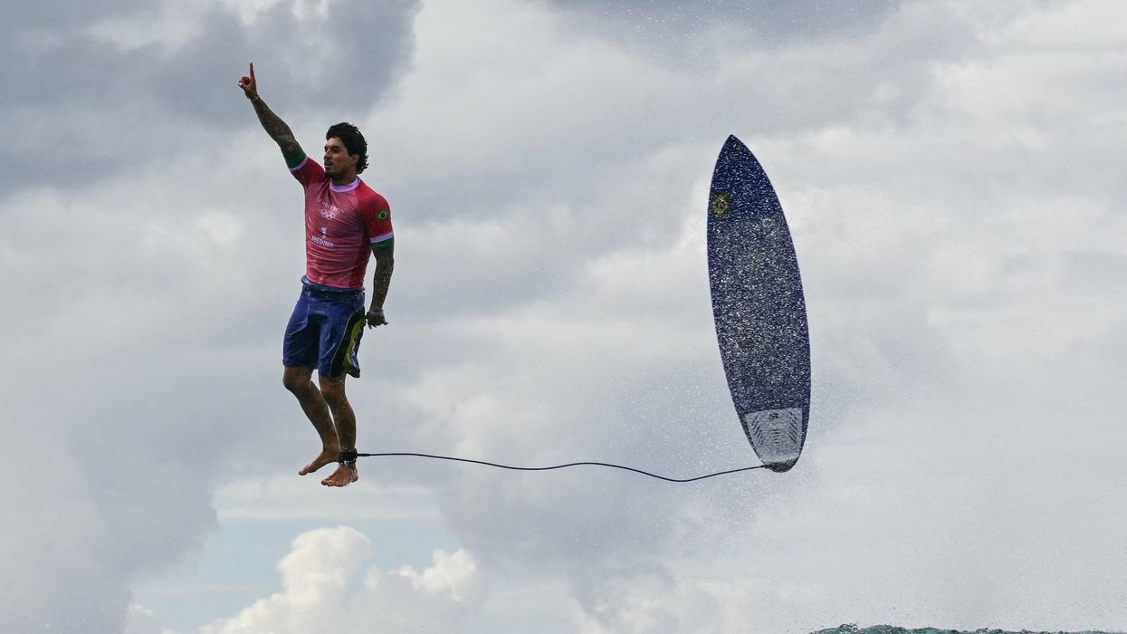 Surfer Gabriel Medina celebrates at the 2024 Paris Olympics