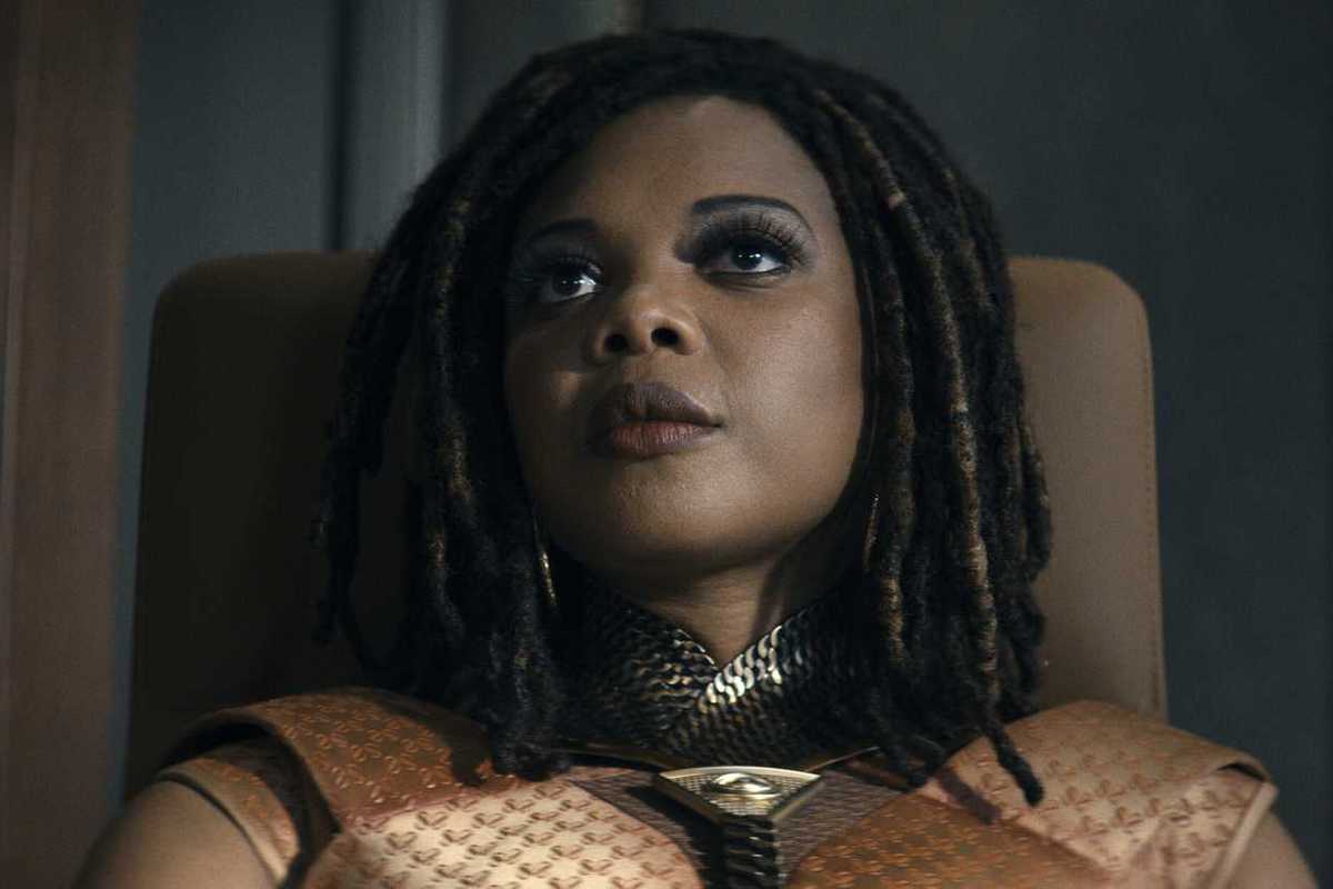 Susan Hayward, a Black woman with short black hair and a bronze costume, as Sister Sage in The Boys.