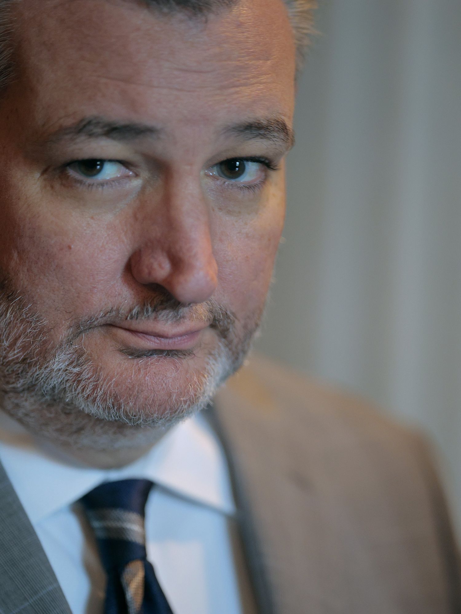 Ted Cruz in a grey suit, looking at the camera with a neutral expression on his face.