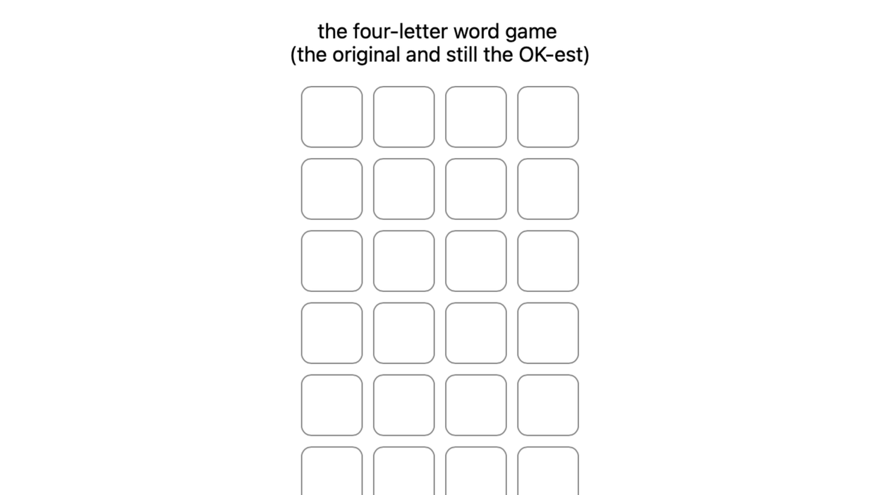 Text reads: ‘Sweardle, the four letter word game (the original and still the OK-est)’. There is then a 4x6 grid of squares, like the Wordle game.