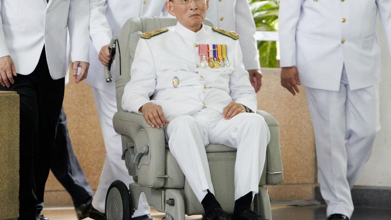 Thai King Bhumibol Adulyadej arrives at Siriraj Hospital after he marks the 60th anniversary of his coronation at the Grand Palace on May 5, 2010 in Bangkok, Thailand.