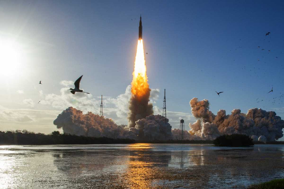 The Artemis II rocket launching from the Kennedy Space Center in Florida.
