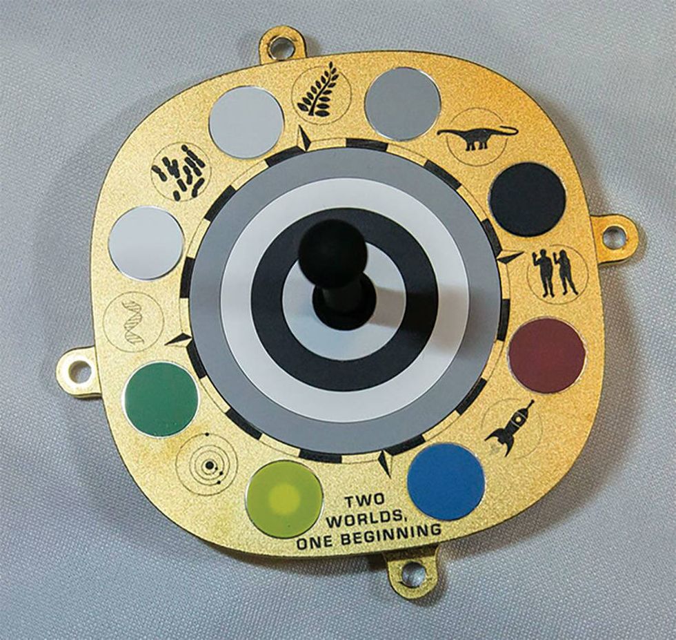 The calibration target for Mastcam-Z helps to fine-tune the camera\u2019s settings, and is adorned with pictures of early life on Earth