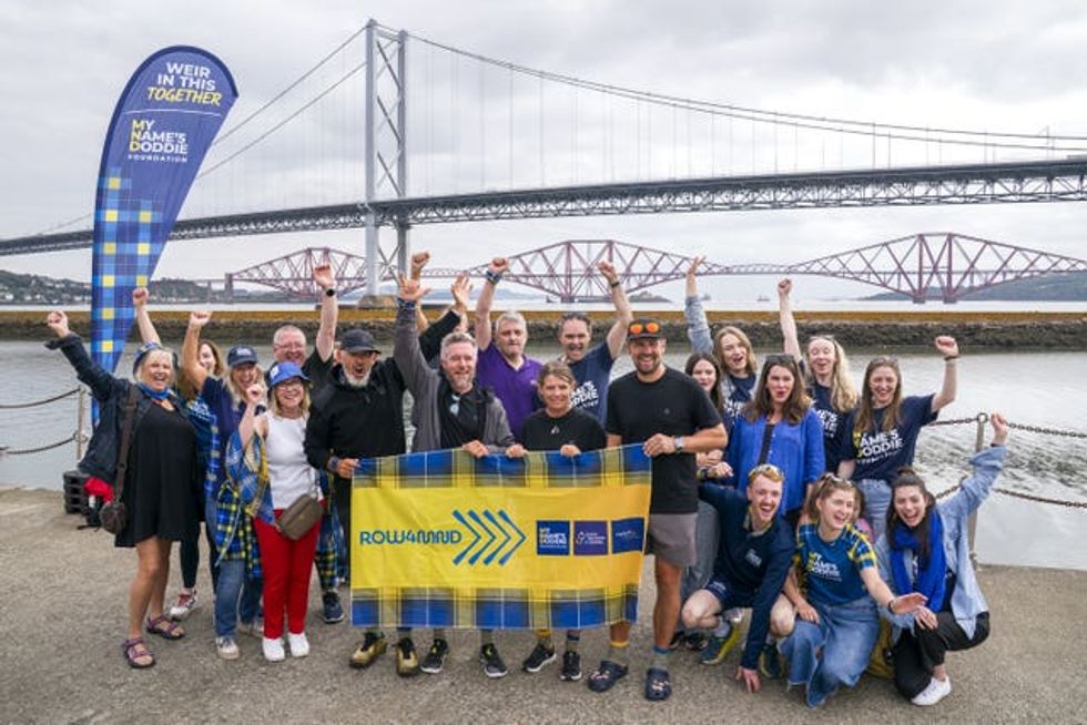 The crew of ROW4MND with friends, family and supporters at Port Edgar Marina, South Queensferry in Edinburgh