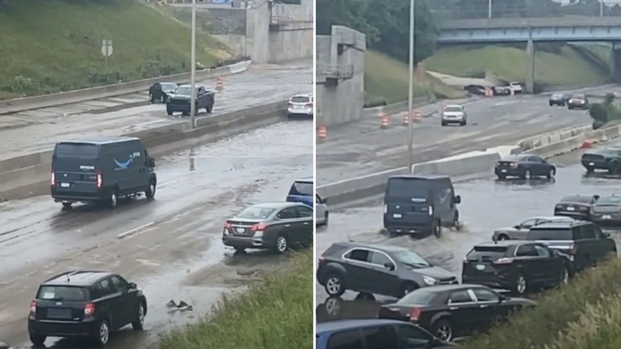 <p>The driver doesn’t appear to be put off by the floods and they drive through the water</p>