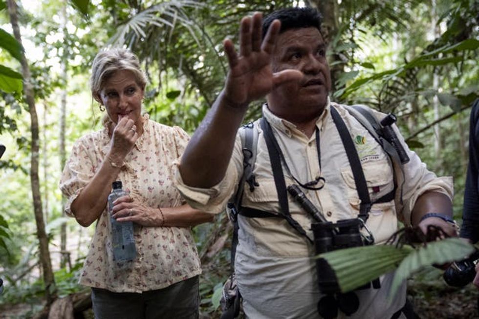 The Duchess of Edinburgh is shown a Goliath birdeater spider during a biodiversity nature walk in the Peruvian Amazon