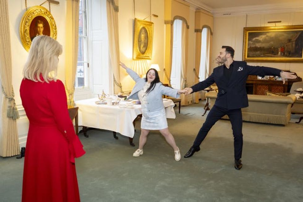 The Duchess of Edinburgh watches former Strictly Come Dancing contestants Ellie Goldstein and Vito Coppola at St James\u2019 Palace