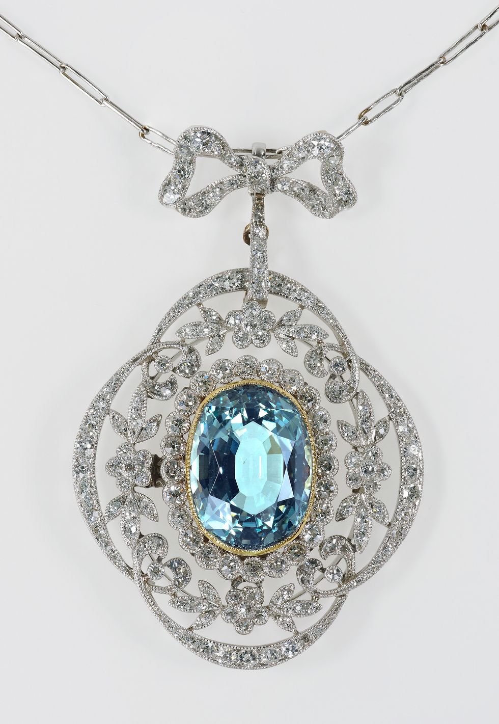 The Faberge aquamarine and diamond pendant, given to Queen Mary by her husband King George V, and later given to her granddaughter, the future Queen Elizabeth II