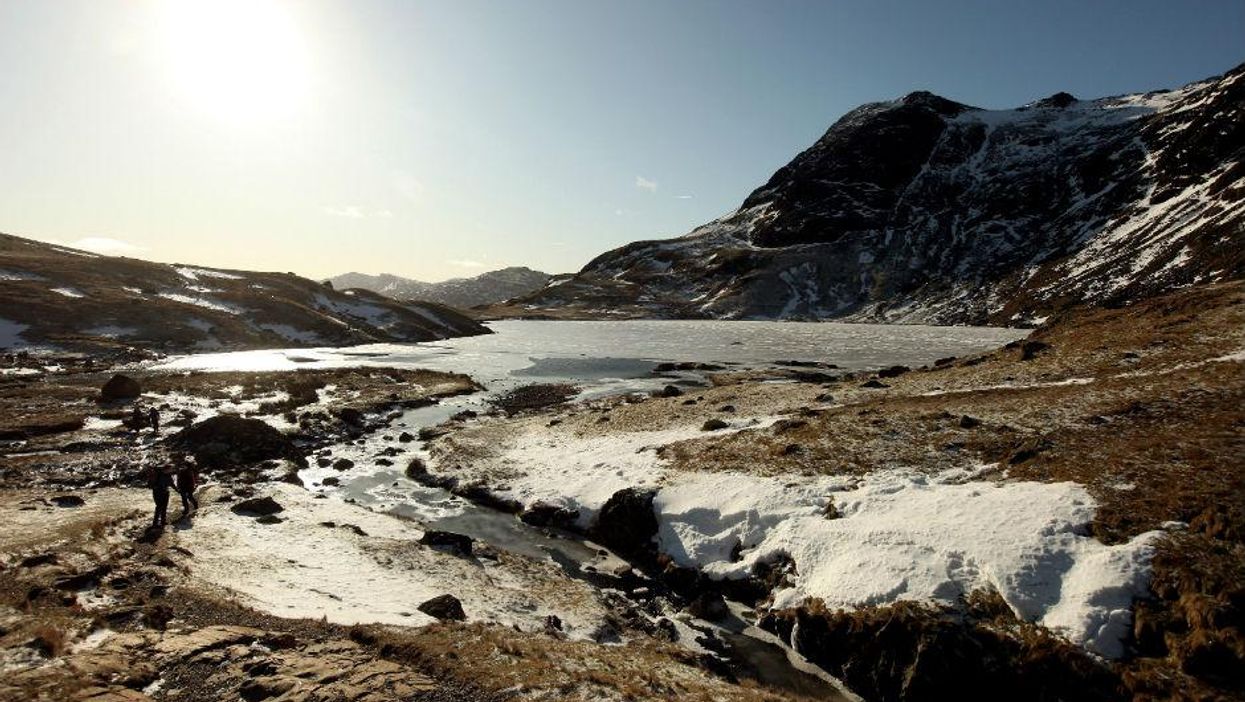 The frozen 'Stickle Tarn' in the Lake District