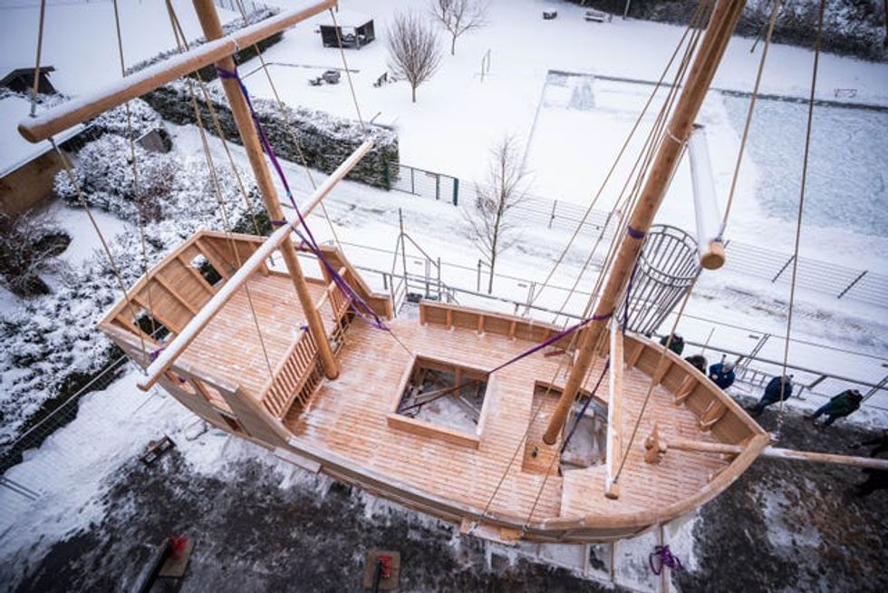 The galleon pictured in the snow where it was built near the village of Frasdorf, Germany