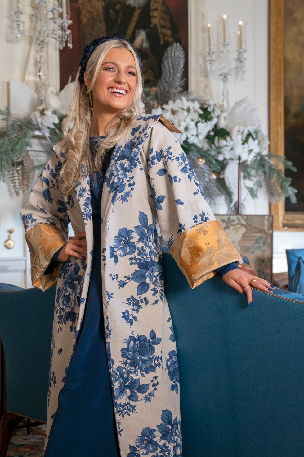 The handmade Delft Blue Floral kimono coat