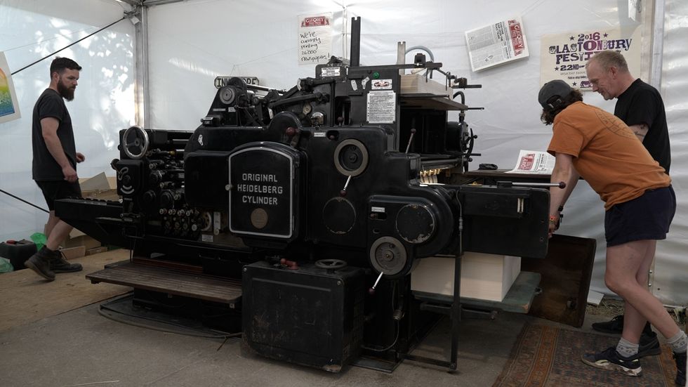 The Heidelberg printing press used onsite to print Glastonbury's resident newspaper