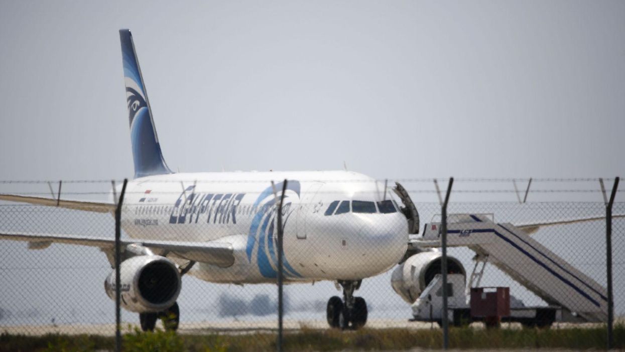The hijacked EgyptAir Airbus A-320 at Larnaca airport on 29 March 2016