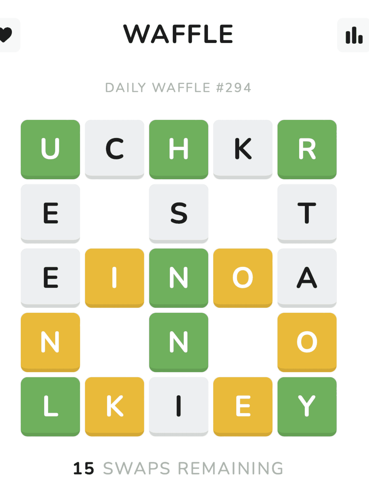 The homepage for 'Waffle' - a word game showing a 5 x 5 grid in the shape of a waffle.