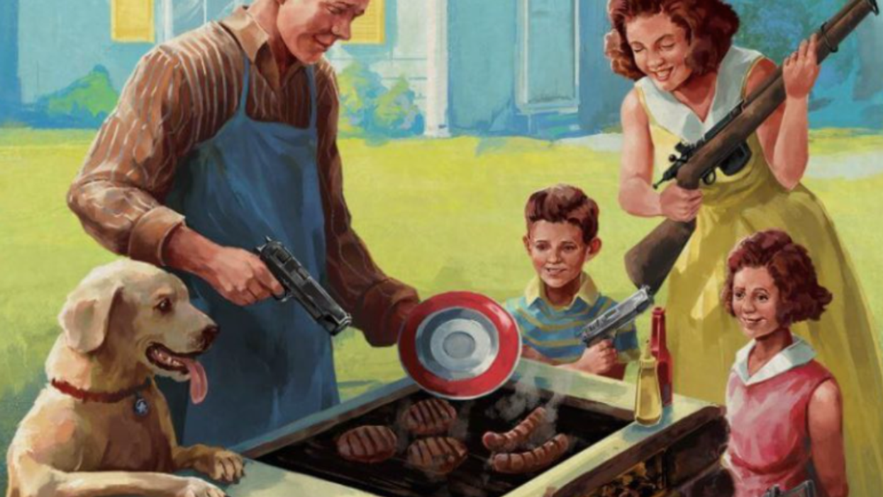 <p>The image is actually a cover for the video game The American Dream, which is a satire about gun culture </p>