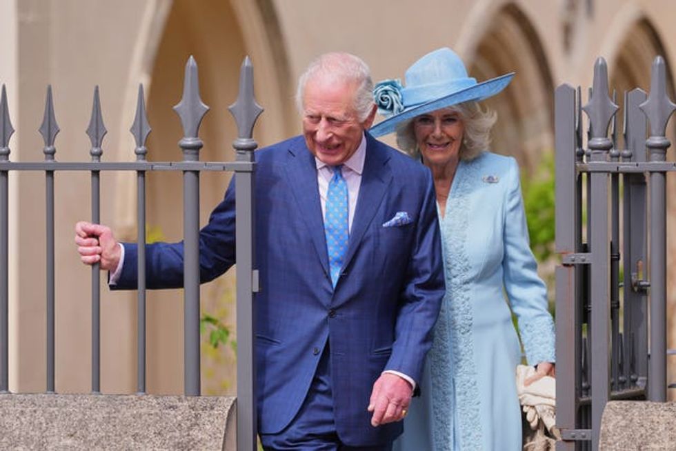 The King and Queen leaving the Easter Mattins service at St George\u2019s Chapel, Windsor