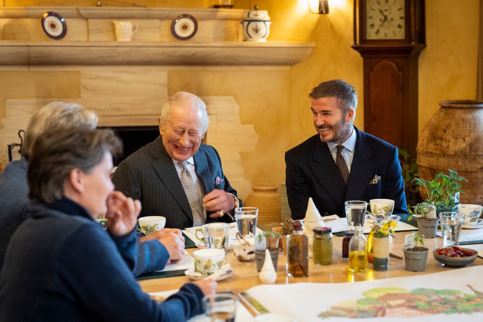 The King and Sir David Beckham sit at a table to discuss the designs for the Curious Garden