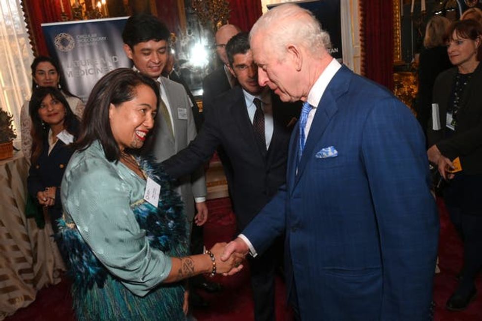 The King shakes hands with Mere Takoko at the launch of the Circular Bioeconomy Alliance at St James\u2019s Palace in London