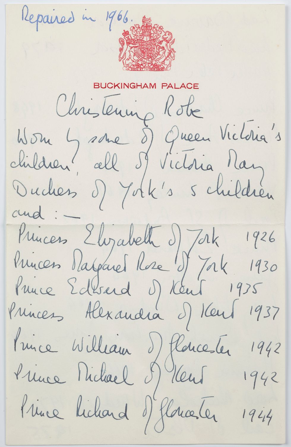 The late Queen's record of royal babies who wore the robe written on Buckingham Palace notepaper