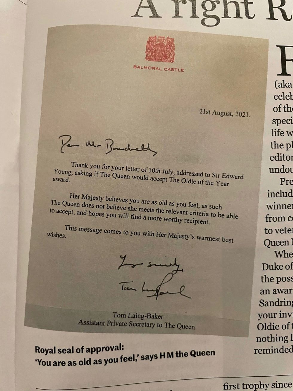 The letter from the Queen\u2019s Assistant Private Secretary (Oldie/PA)