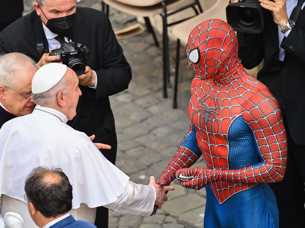 The Marvel character was seen shaking hands with Pope Francis on Wednesday