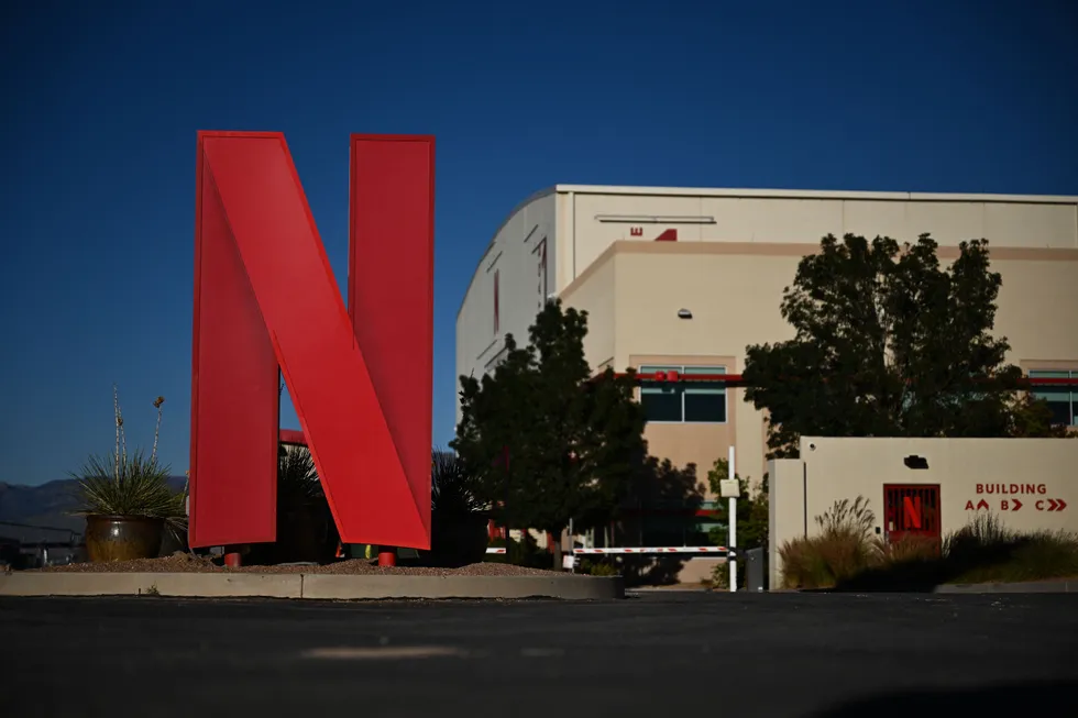 The Netflix logo is displayed at the entrance to Netflix Albuquerque Studios film and television production studio lot in Albuquerque, New Mexico on October 13, 2023