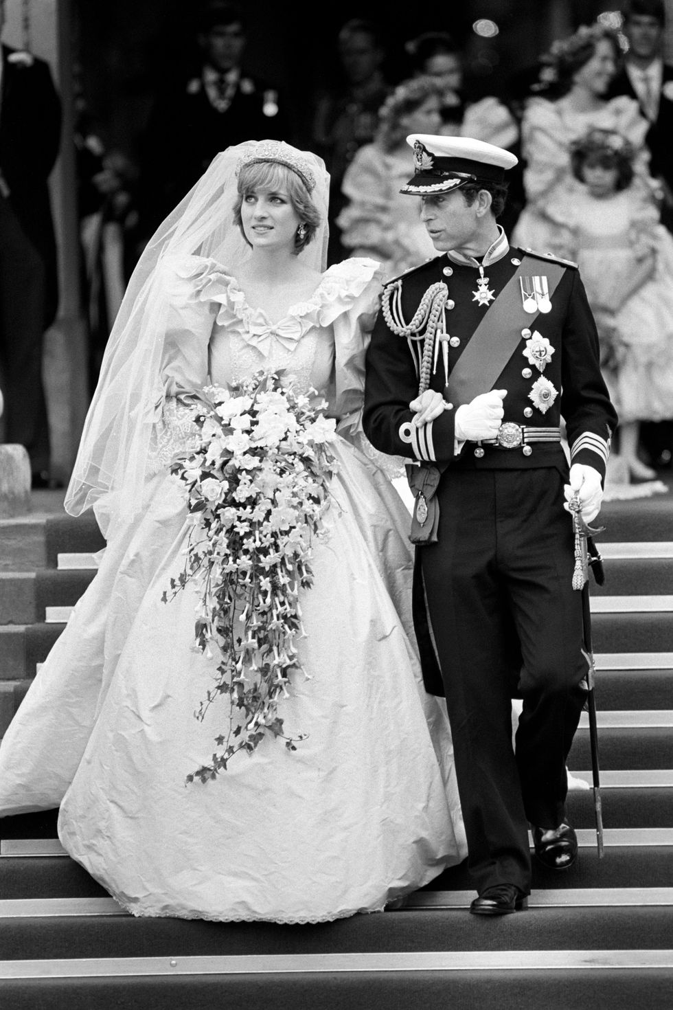 The newlywed Prince and Princess of Wales leaving St Paul\u2019s Cathedral (PA)
