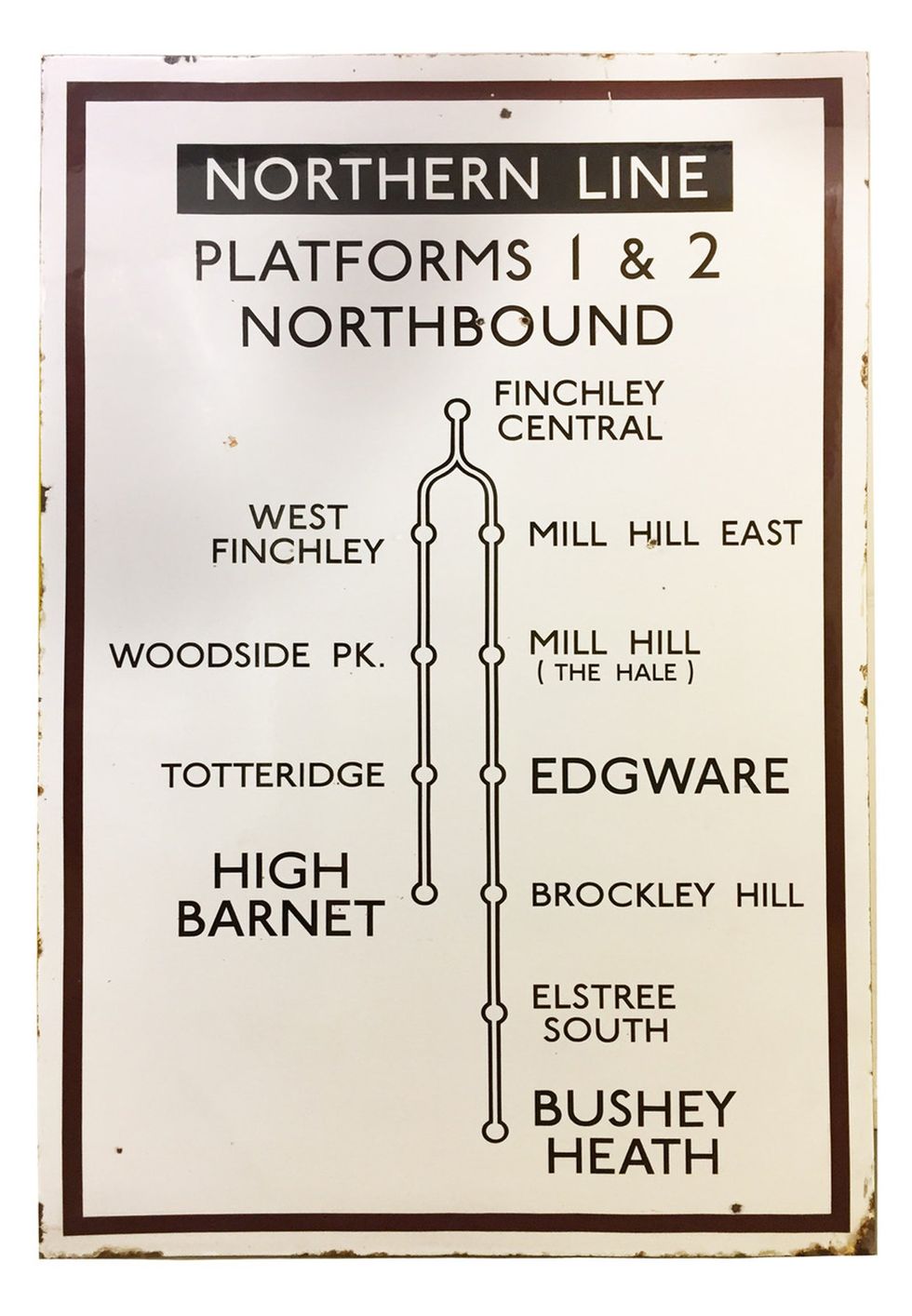 The Northern Line extension to Bushey Heath never happened but it did not stop signs being made. The enamel sign is expected to sell for between \u00a3800 and \u00a31200 (Catherine Southon Auctioneers & Valuers/PA)