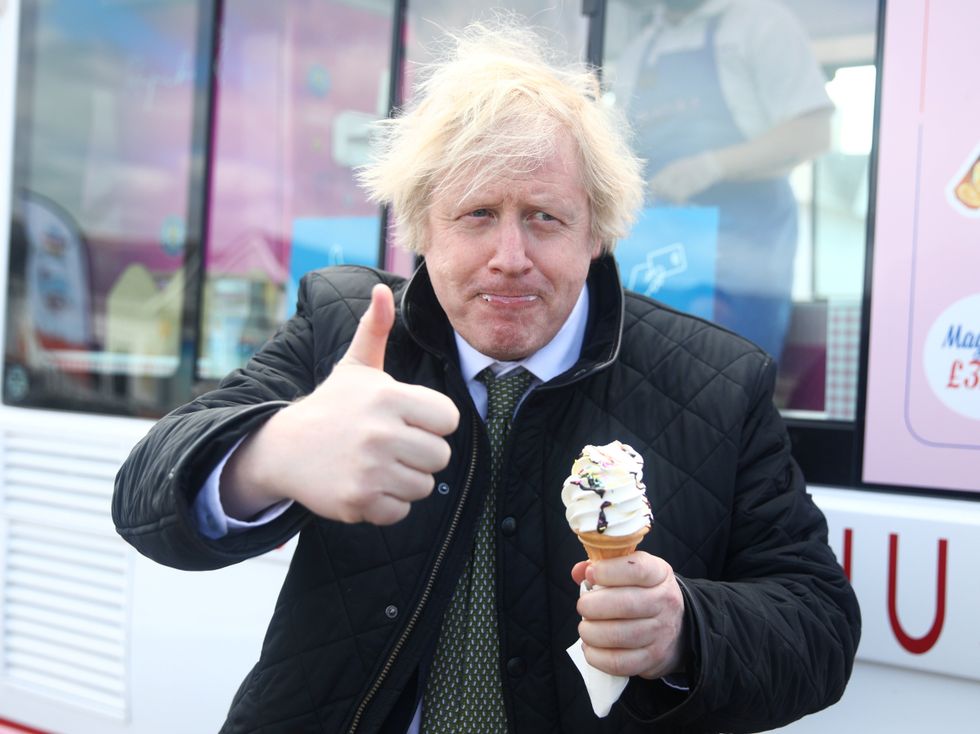</p><p>The PM eats an ice cream at Haven Perran Sands Holiday Park, in Perranporth, on 7 April</p>