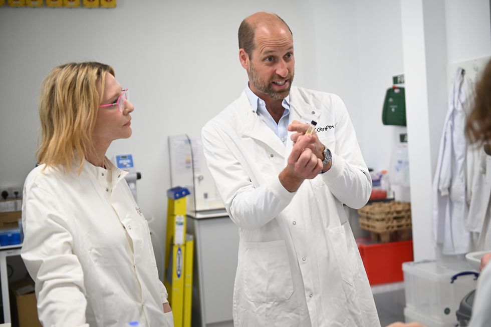 Prince of Wales and Cate Blanchett don lab coats to see eco brand at work