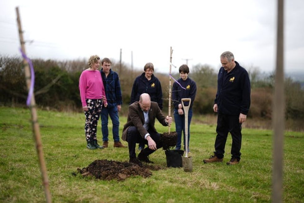 The Prince of Wales, known as the Duke of Cornwall while in Cornwall, plants a tree at an adjacent field during his visit to the Gear Farm Pasty Company, a family-run farm known for producing traditional Cornish pasties in St Martin, Helston, as he visits Cornwall for St Piran\u2019s Day