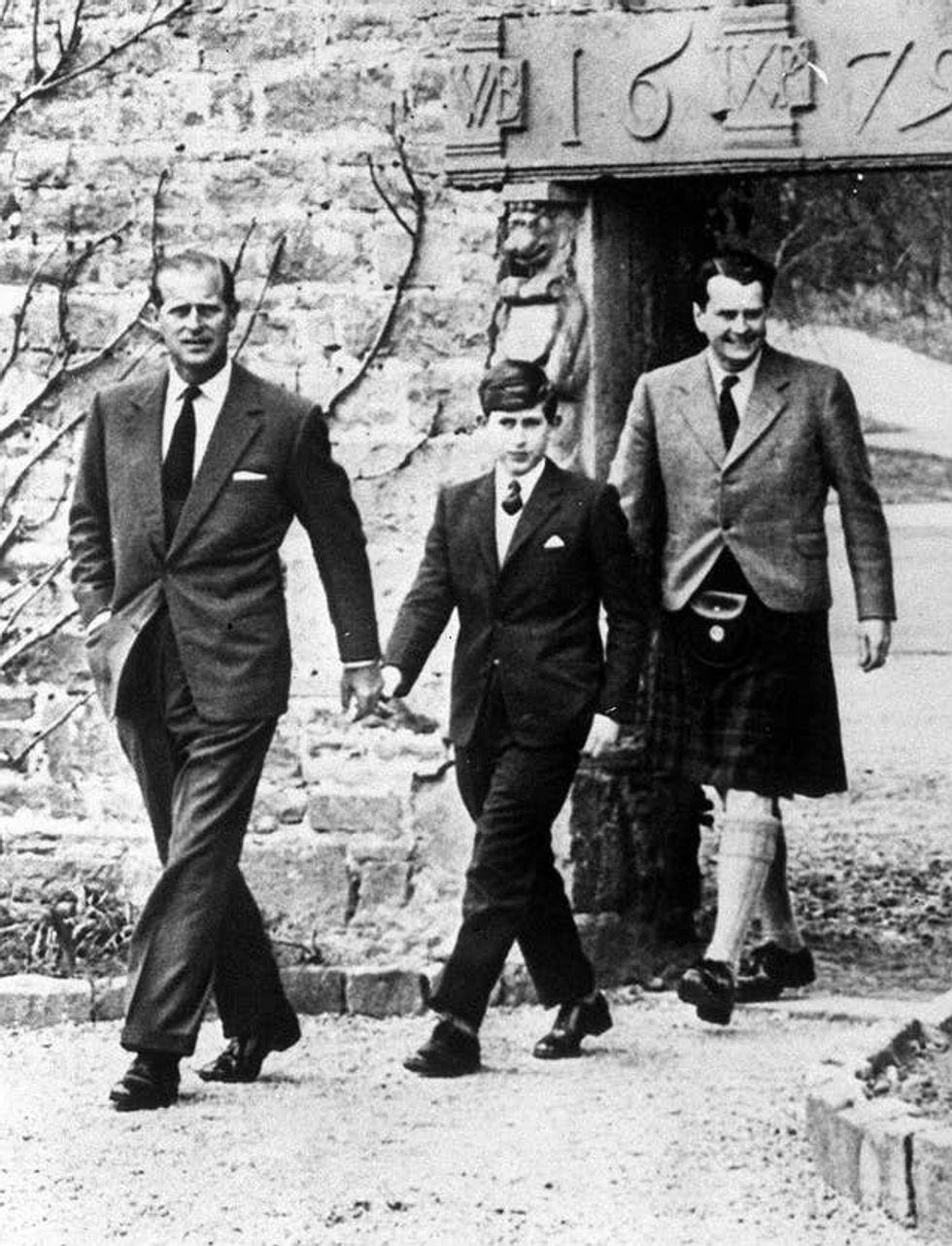The Prince of Wales, with his father the Duke of Edinburgh (left) and Captain Iain Tennant, chairman of the Gordonstoun Board of Governors, arriving at Gordonstoun for the prince\u2019s first day at public school in 1962
