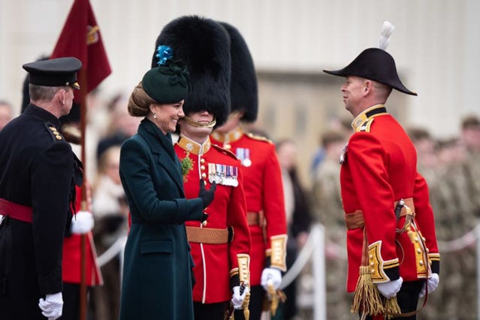 The Princess of Wales during a visit to the Irish Guards for their St Patrick\u2019s Day Parade at Wellington Barracks in London