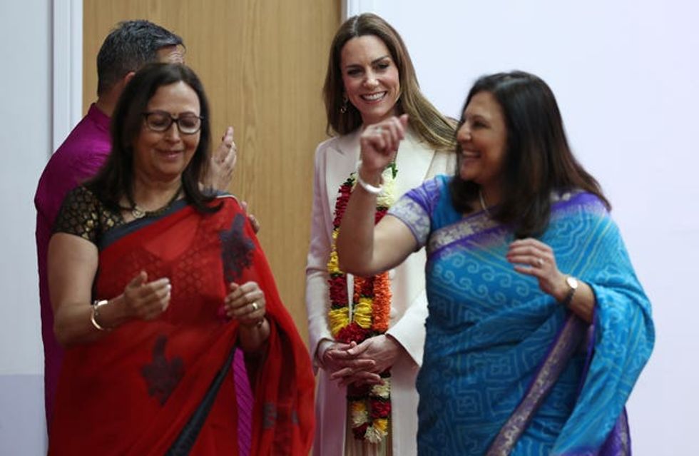 The Princess of Wales listens during a visit to the Shreeji Dham Haveli Hindu Temple
