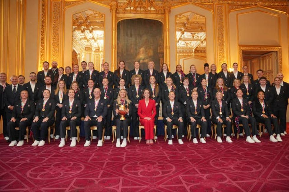 The Princess of Wales, patron of the Rugby Football Union, poses for a photo with members of the England Women\u2019s Rugby team during a reception for the team, following their World Cup win in September 2025, at Windsor Castle, Berkshire
