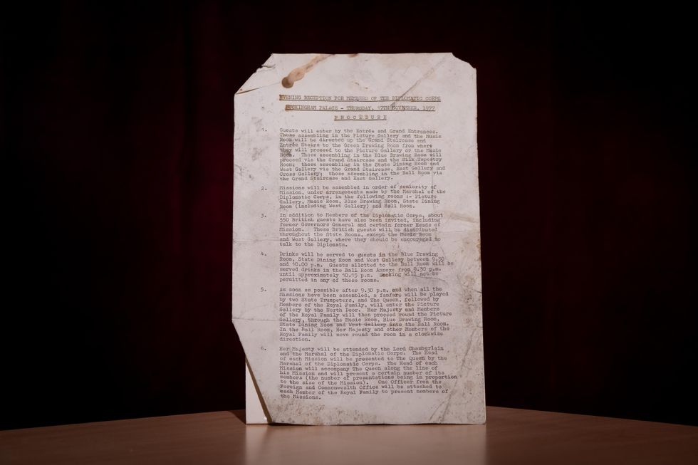 The procedure for the Evening Reception for Members of the Diplomatic Corps at Buckingham Palace on November 17 1977, uncovered during the reservicing works