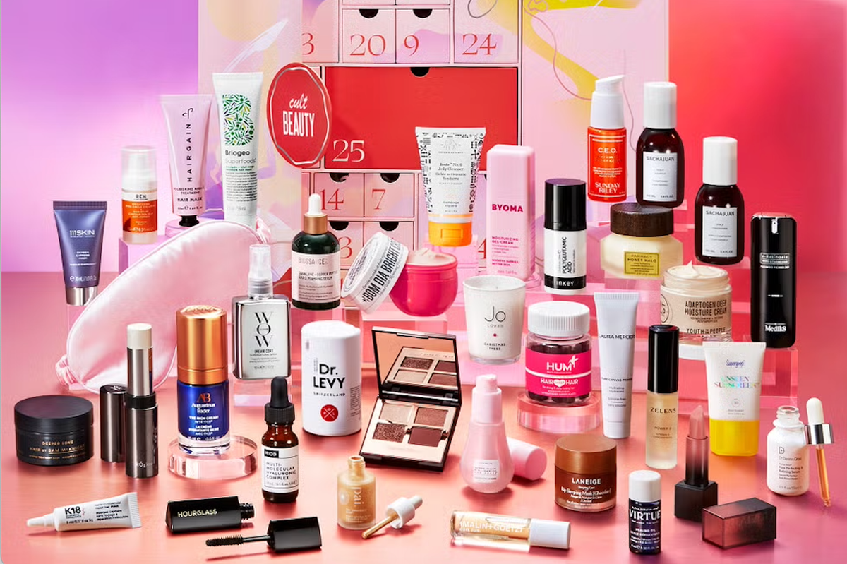 The products from Cult Beauty's advent calendar are laid out. They include products from Laneige, Supergoop, and K18.