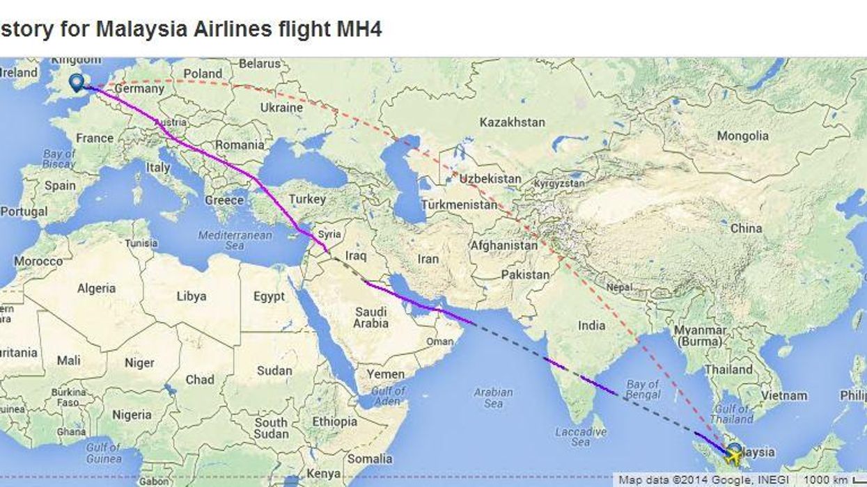 The purple line shows MH4's flight path on 20 July 2014