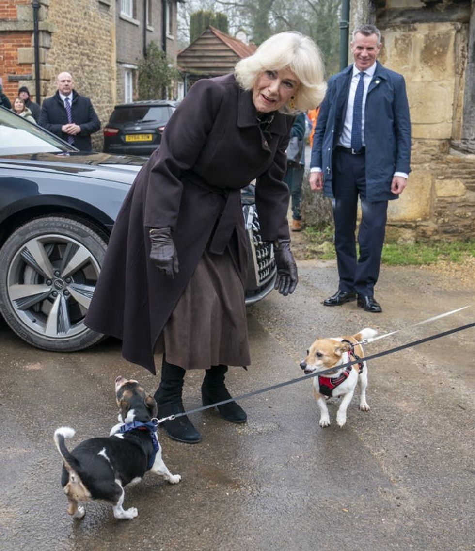 The Queen greeting Beth and Bluebell which she adopted by from the Battersea Dogs and Cats Home