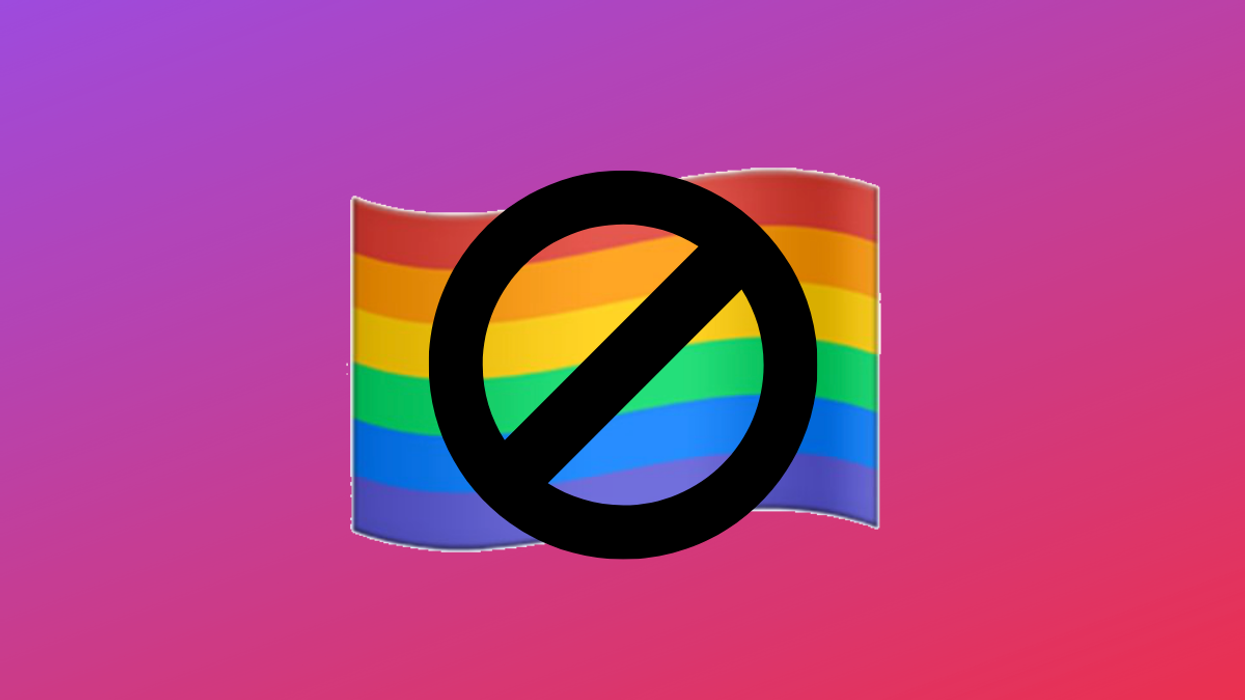 The rainbow flag emoji with a black no-entry icon overlaid on top of it. The background has a pinkish-purple hue, like the colours of Instagram.