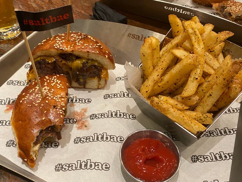 <p>The #Saltbae burger and fries. The burger is solid, the fries? Not so much</p>