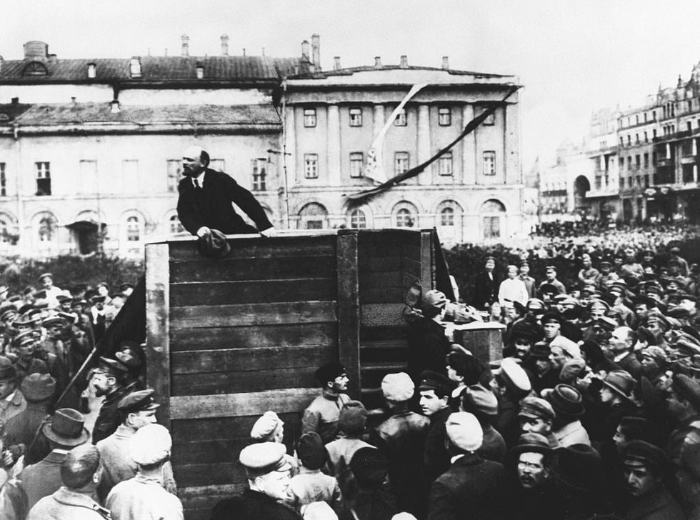 The same photo, altered to remove Trotsky and Kamenev after they were removed from power by Lenin's successor Joseph Stalin. Picture: