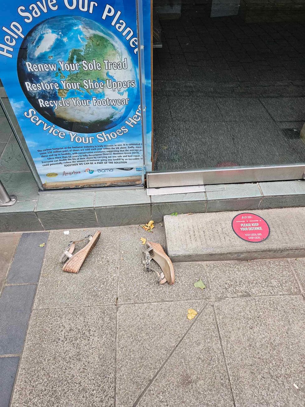 The shoes, a pair of tan wedges, that had been left outside Mr Corke's shop