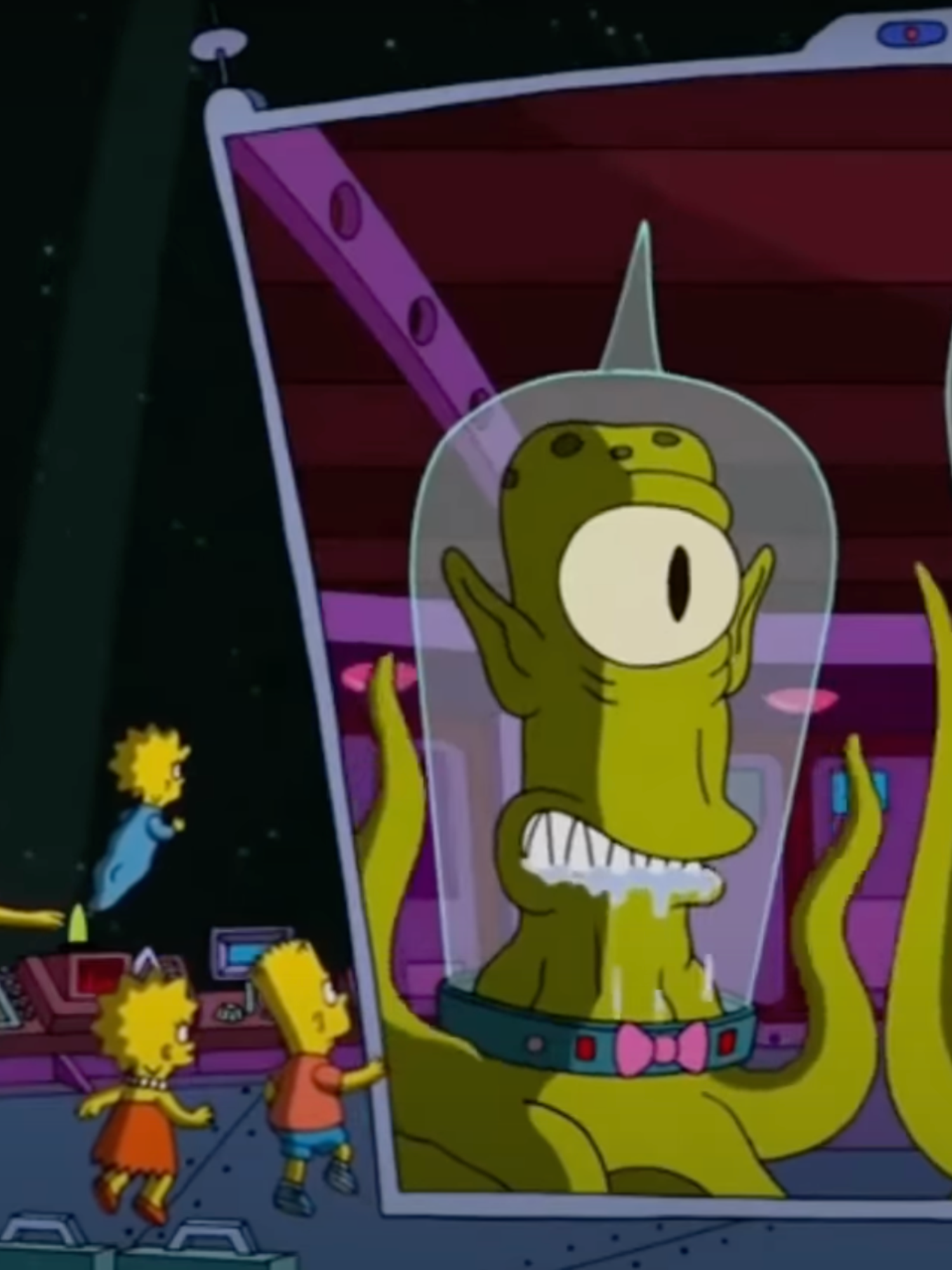 The Simpsons float in a spaceship, looking at a giant screen showing Kang and Kodos, two green aliens.