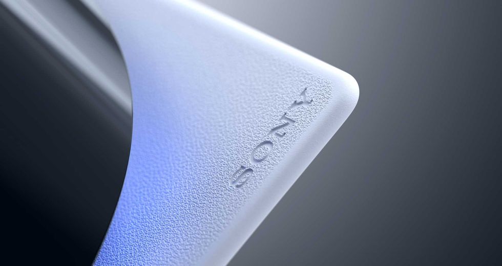 The Sony logo on an official product image of the PS5 console